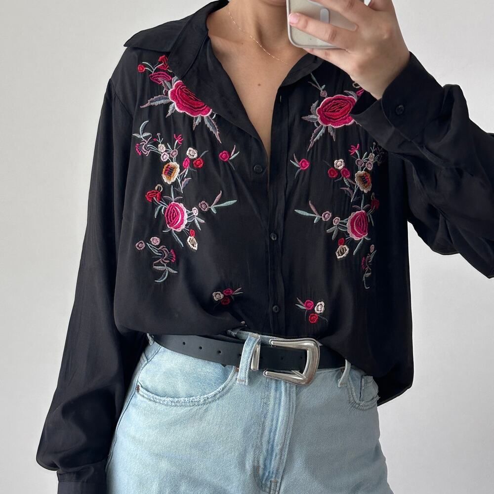 Floral Embroidered Black Blouse